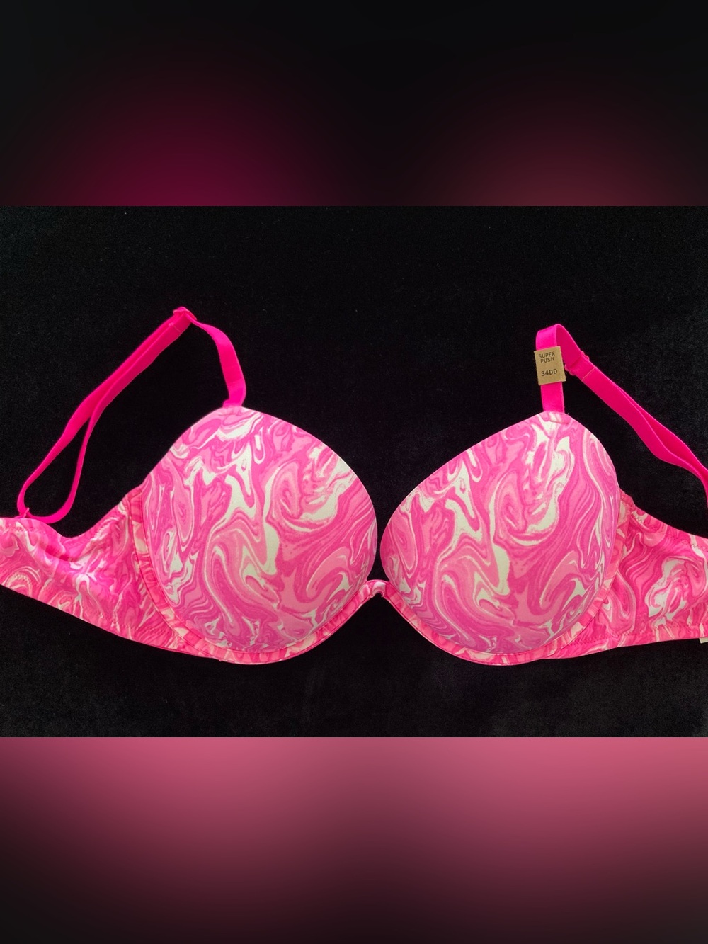 NWT Victoria’s Secret PINK Wear Everywhere Super Push-up Bra 34DD Hot Pink Swirl